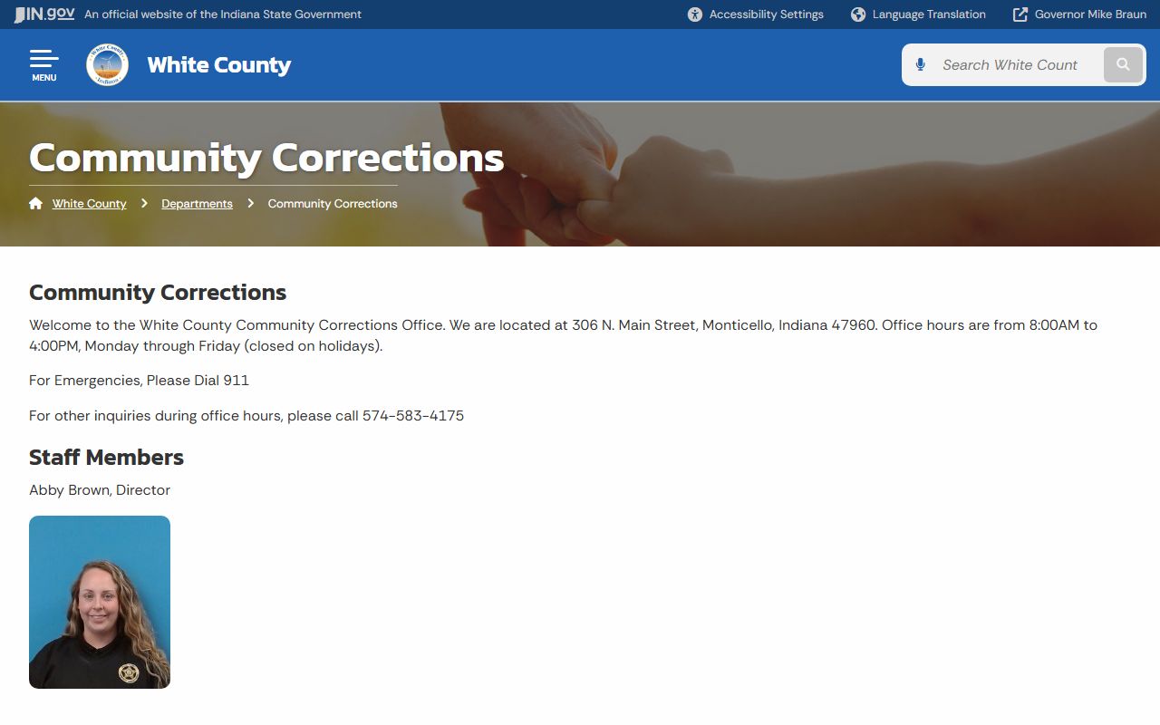 White County Community Corrections official county page with office hours and phone