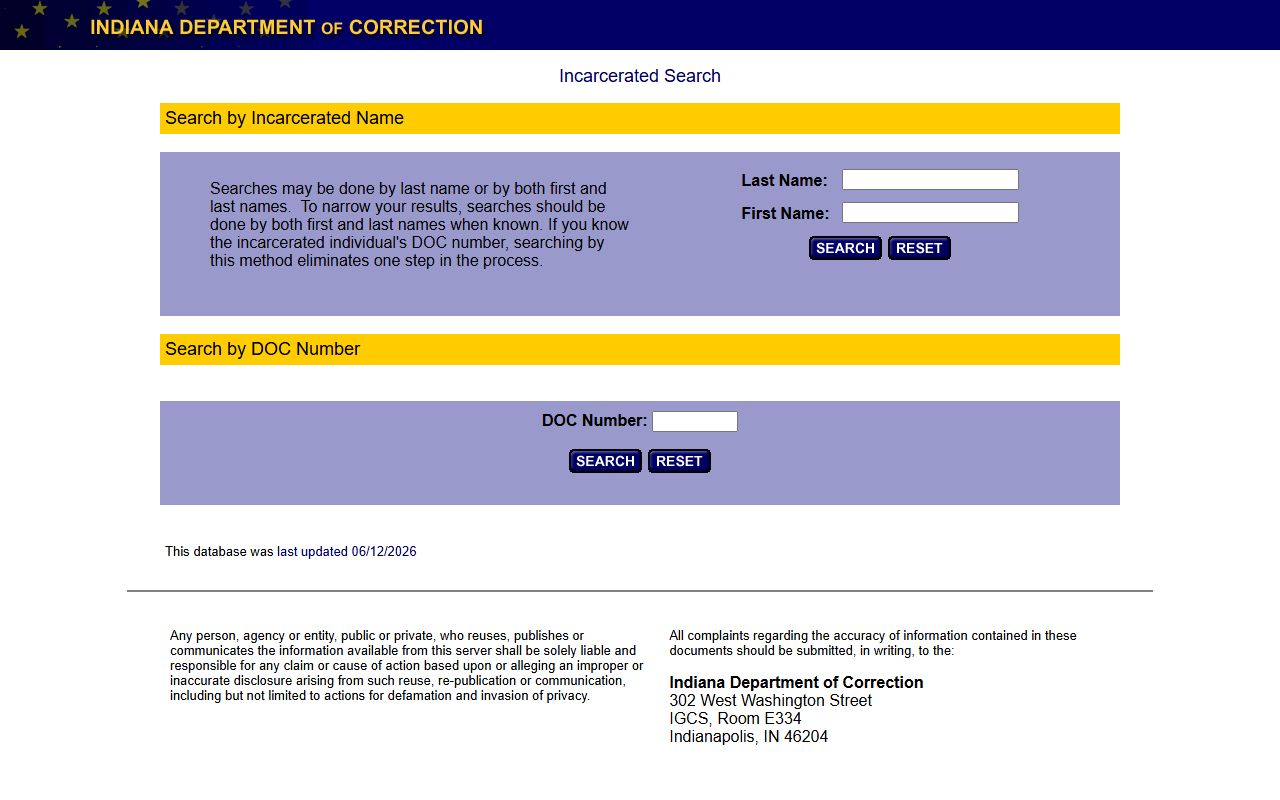 White County inmate population search using Indiana Department of Correction locator