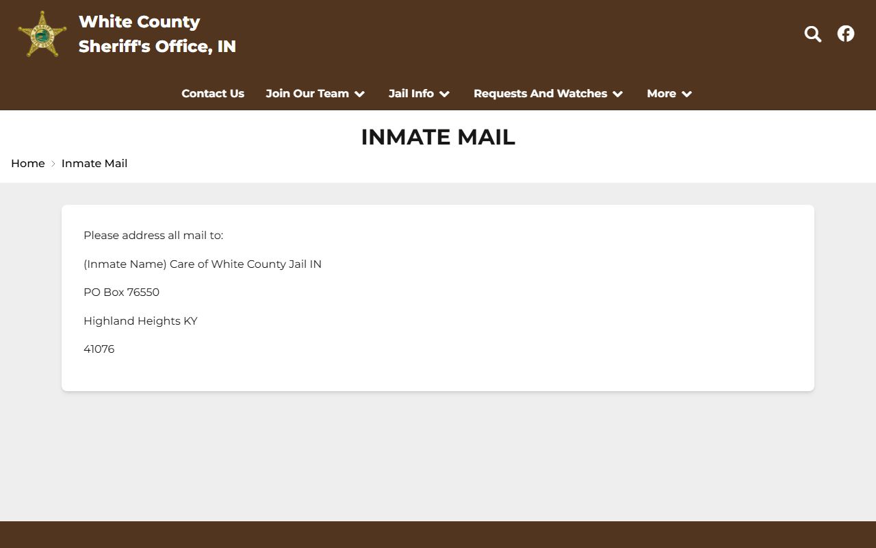 White County Jail inmate mail address page