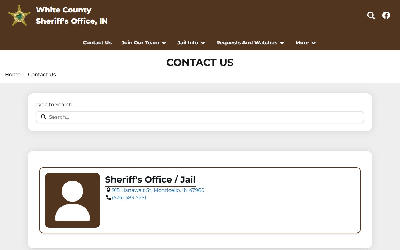 White County Jail official sheriff contact page with address and phone
